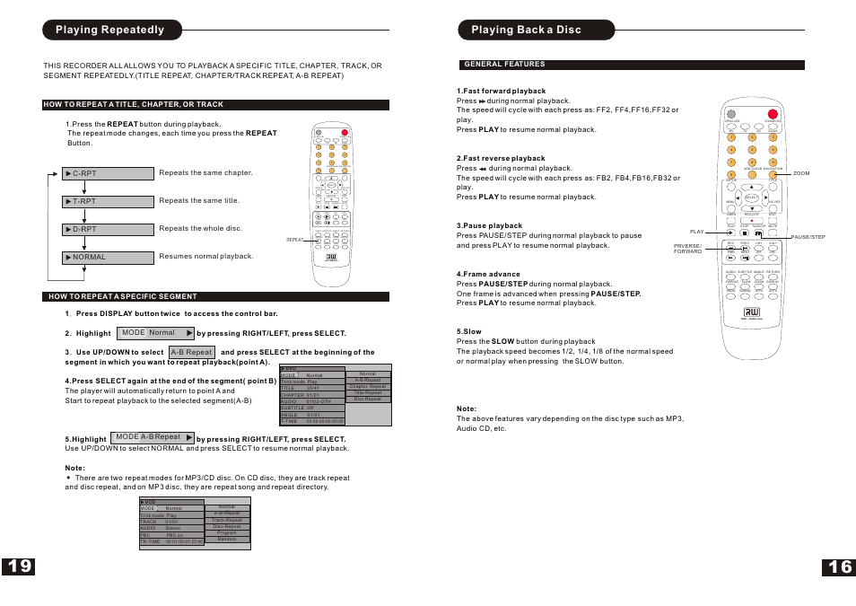 Т³гж 18, Dvd + rewritable, Playing back a disc | Playing repeatedly | Curtis DVDR5000 User Manual | Page 18 / 19