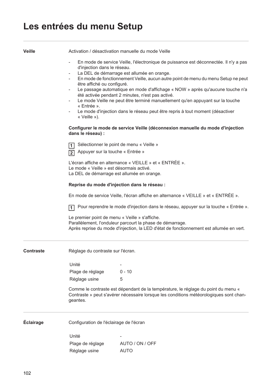 Les entrées du menu setup | Fronius Agilo 360.0-3 TL User Manual | Page 104 / 166
