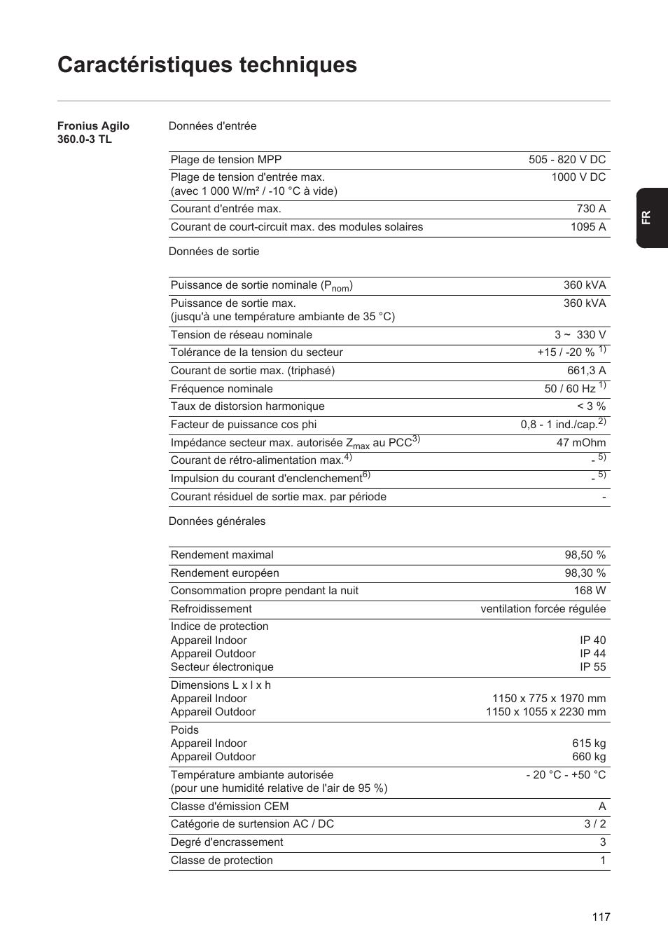 Caractéristiques techniques | Fronius Agilo 360.0-3 TL User Manual | Page 119 / 166