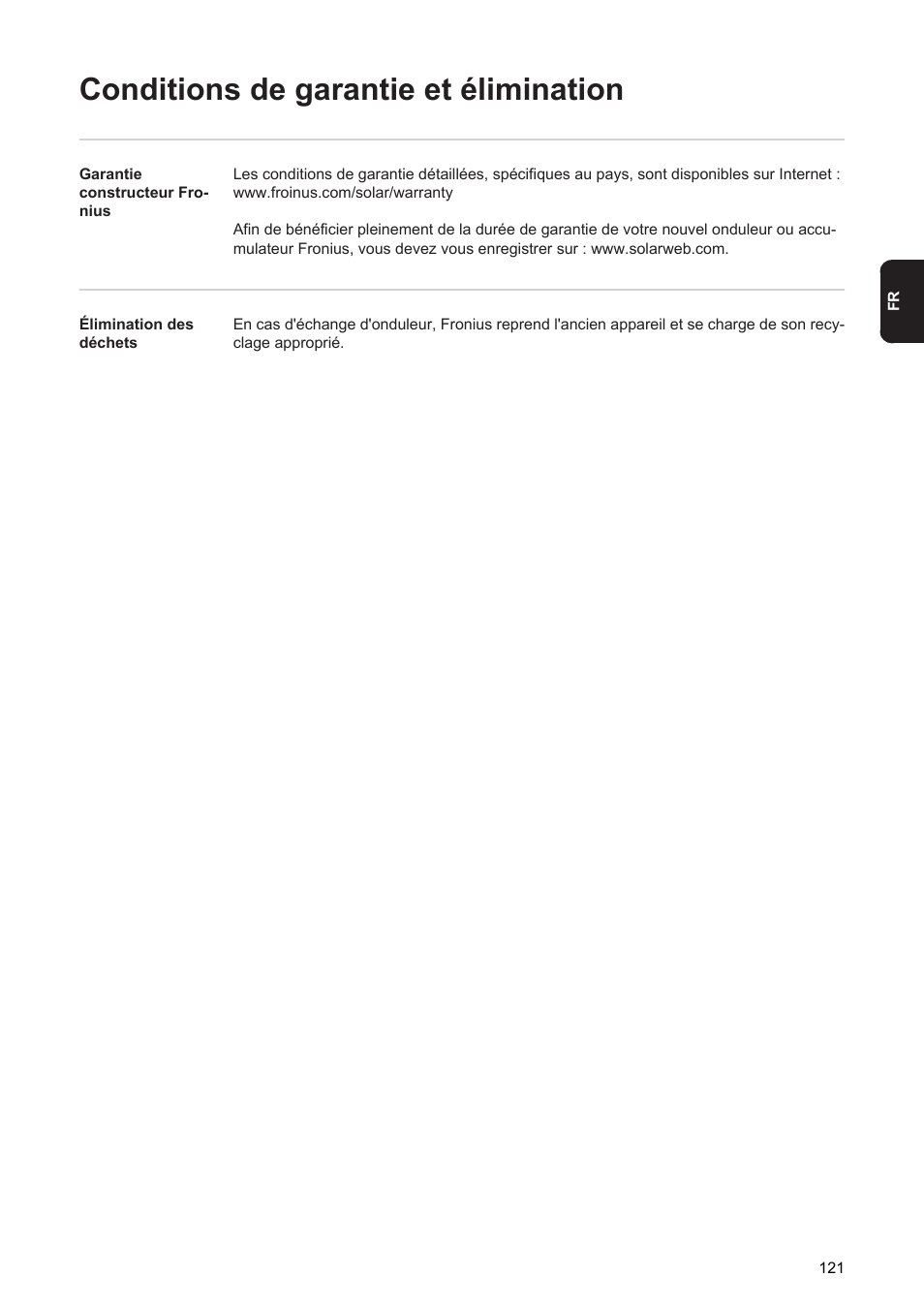 Conditions de garantie et élimination | Fronius Agilo 360.0-3 TL User Manual | Page 123 / 166