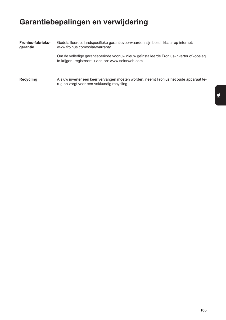 Garantiebepalingen en verwijdering | Fronius Agilo 360.0-3 TL User Manual | Page 165 / 166