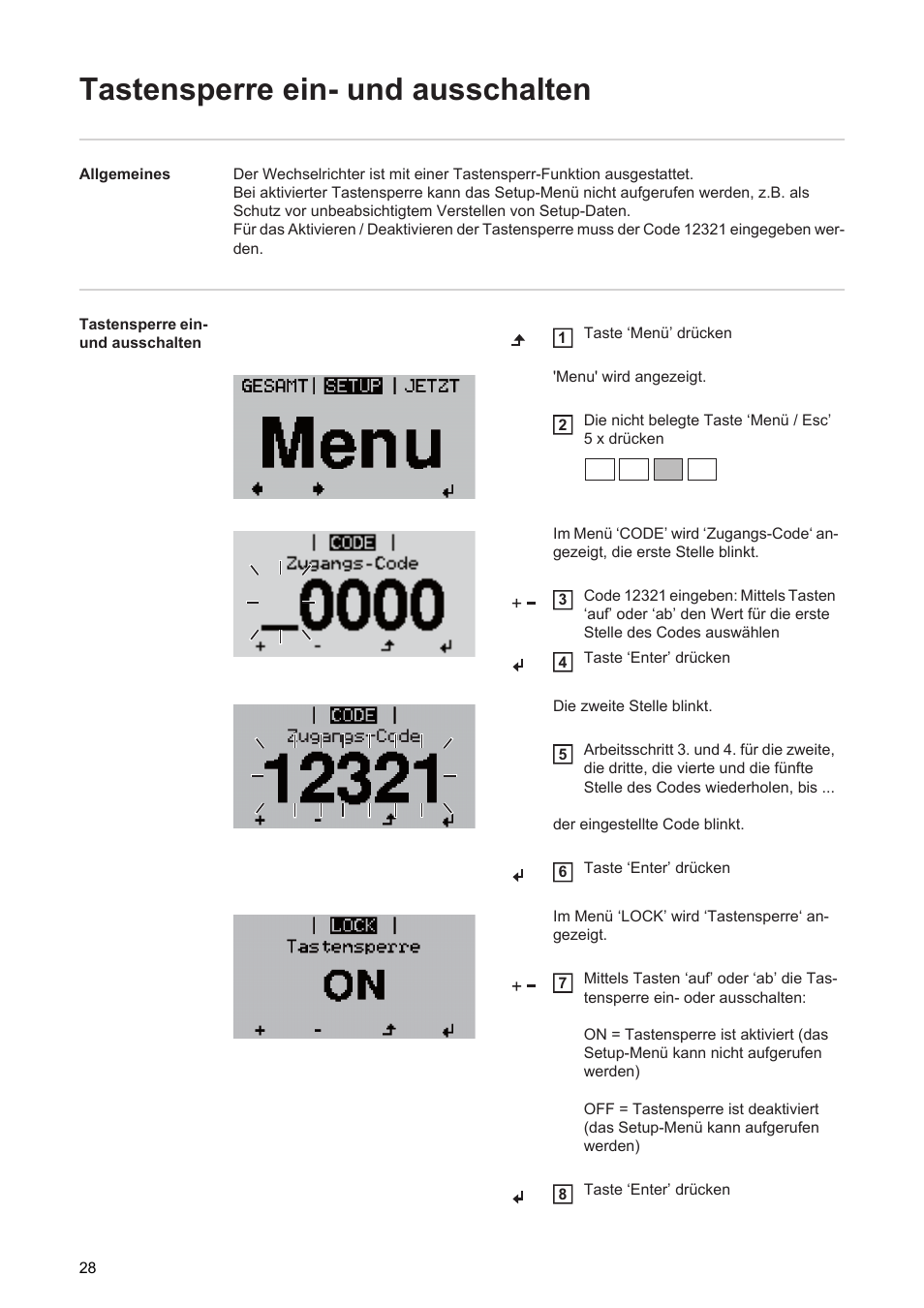 Tastensperre ein- und ausschalten | Fronius Agilo 360.0-3 TL User Manual | Page 30 / 166