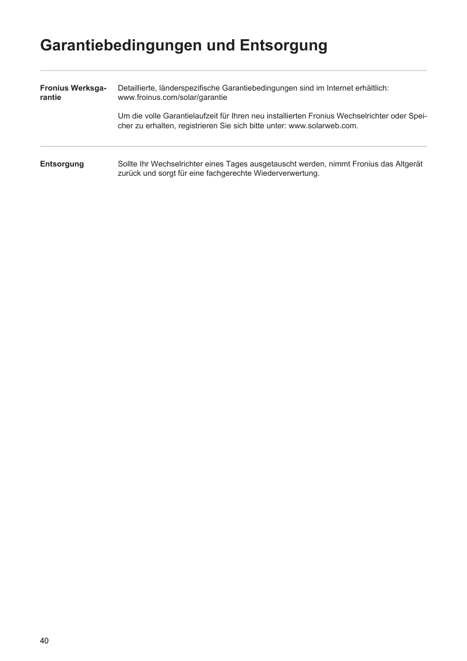 Garantiebedingungen und entsorgung | Fronius Agilo 360.0-3 TL User Manual | Page 42 / 166