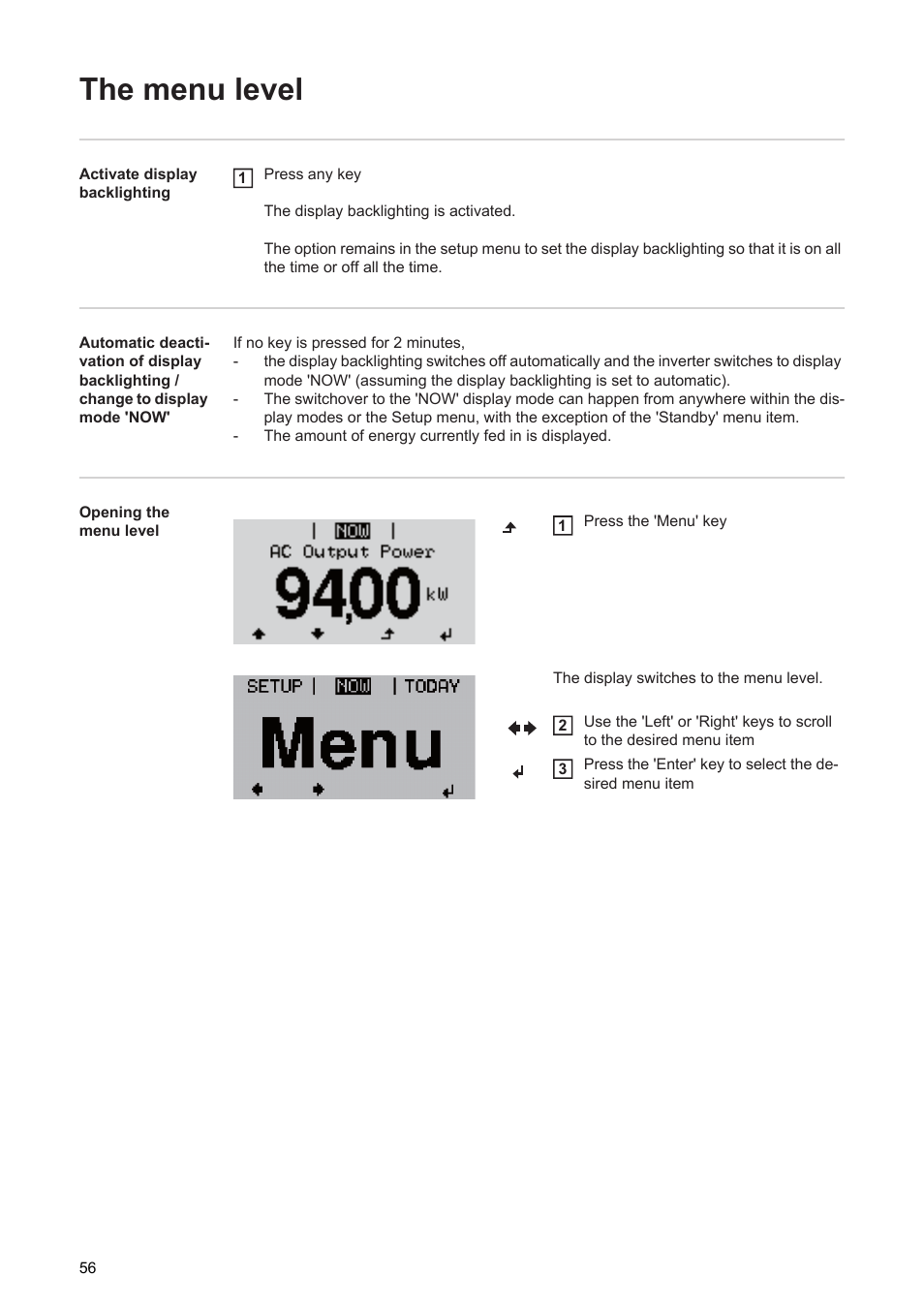 The menu level | Fronius Agilo 360.0-3 TL User Manual | Page 58 / 166