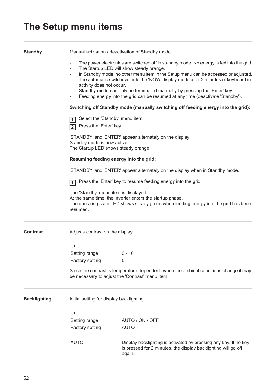 The setup menu items | Fronius Agilo 360.0-3 TL User Manual | Page 64 / 166