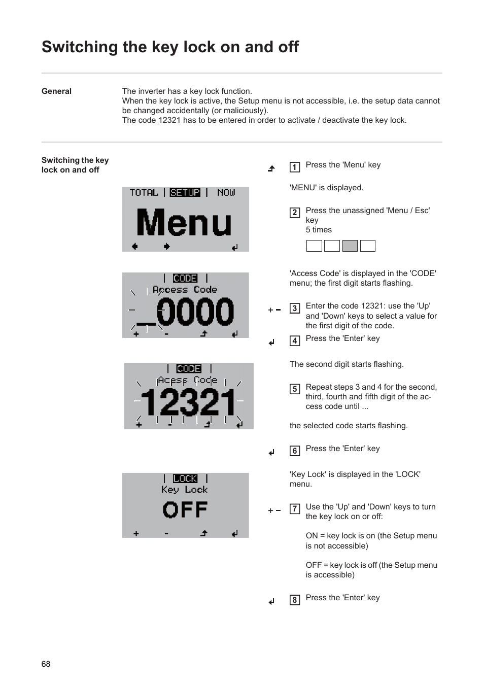 Switching the key lock on and off | Fronius Agilo 360.0-3 TL User Manual | Page 70 / 166