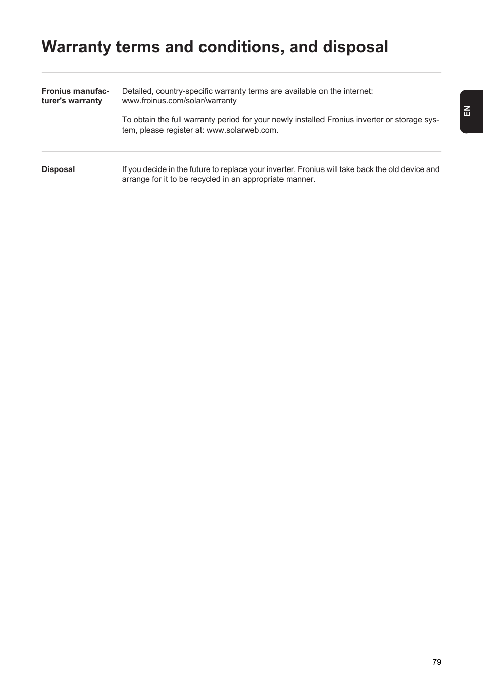 Warranty terms and conditions, and disposal | Fronius Agilo 360.0-3 TL User Manual | Page 81 / 166