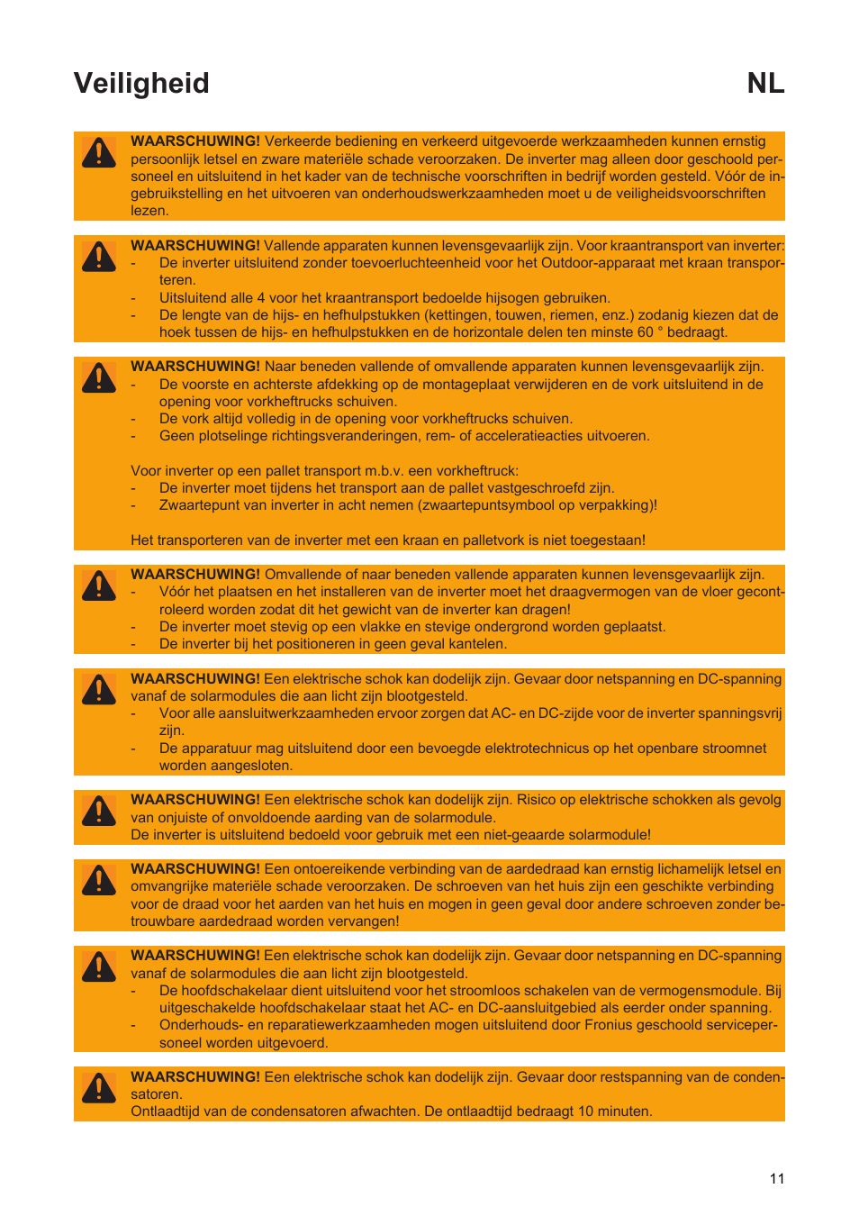 Veiligheid nl | Fronius Agilo TL Installation User Manual | Page 13 / 52