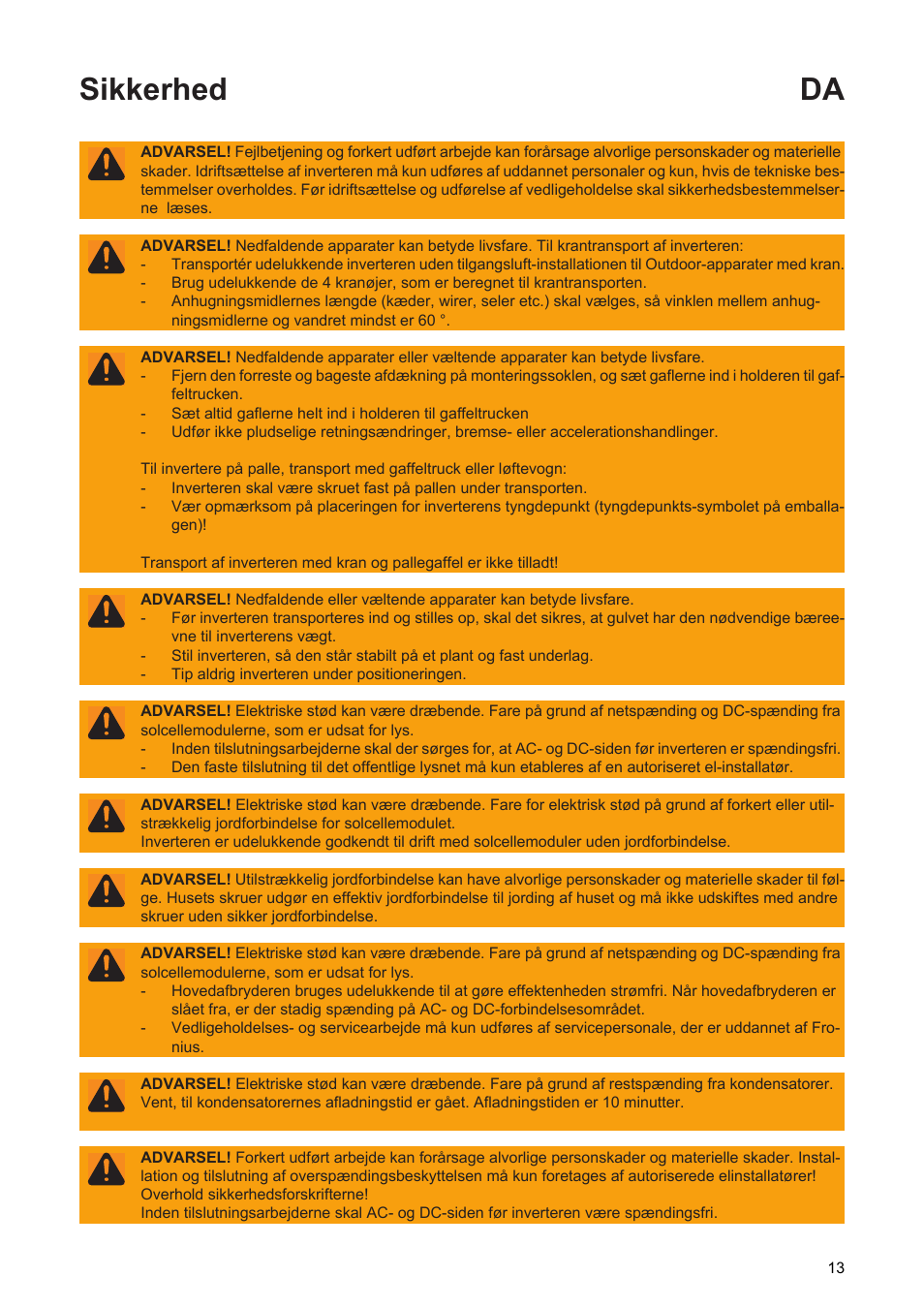 Sikkerhed da | Fronius Agilo TL Installation User Manual | Page 15 / 52