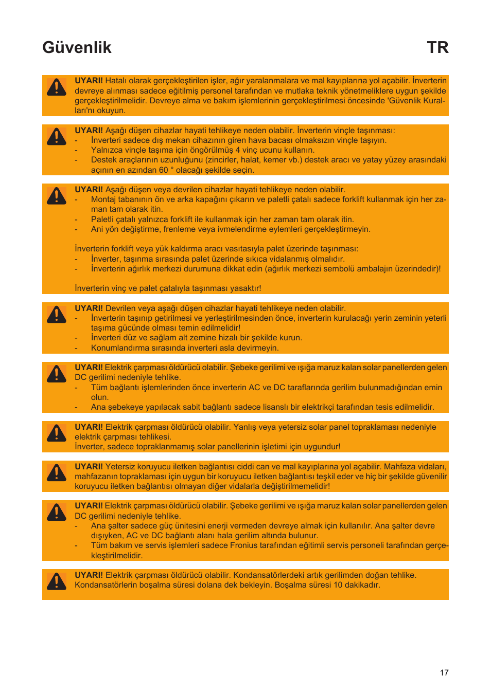 Güvenlik tr | Fronius Agilo TL Installation User Manual | Page 19 / 52