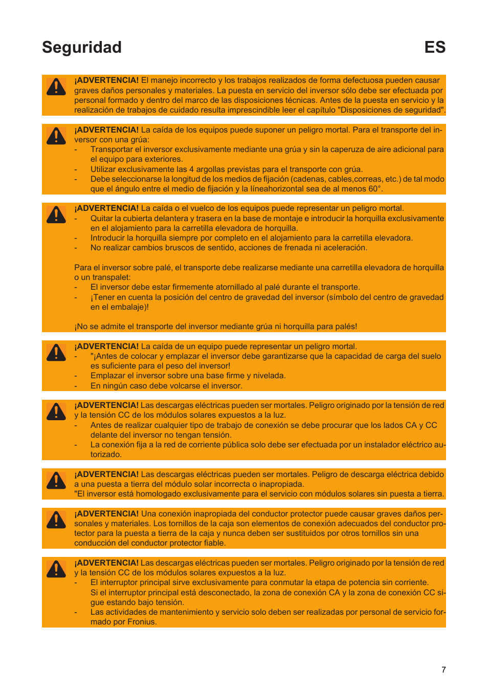 Seguridad es | Fronius Agilo TL Installation User Manual | Page 9 / 52