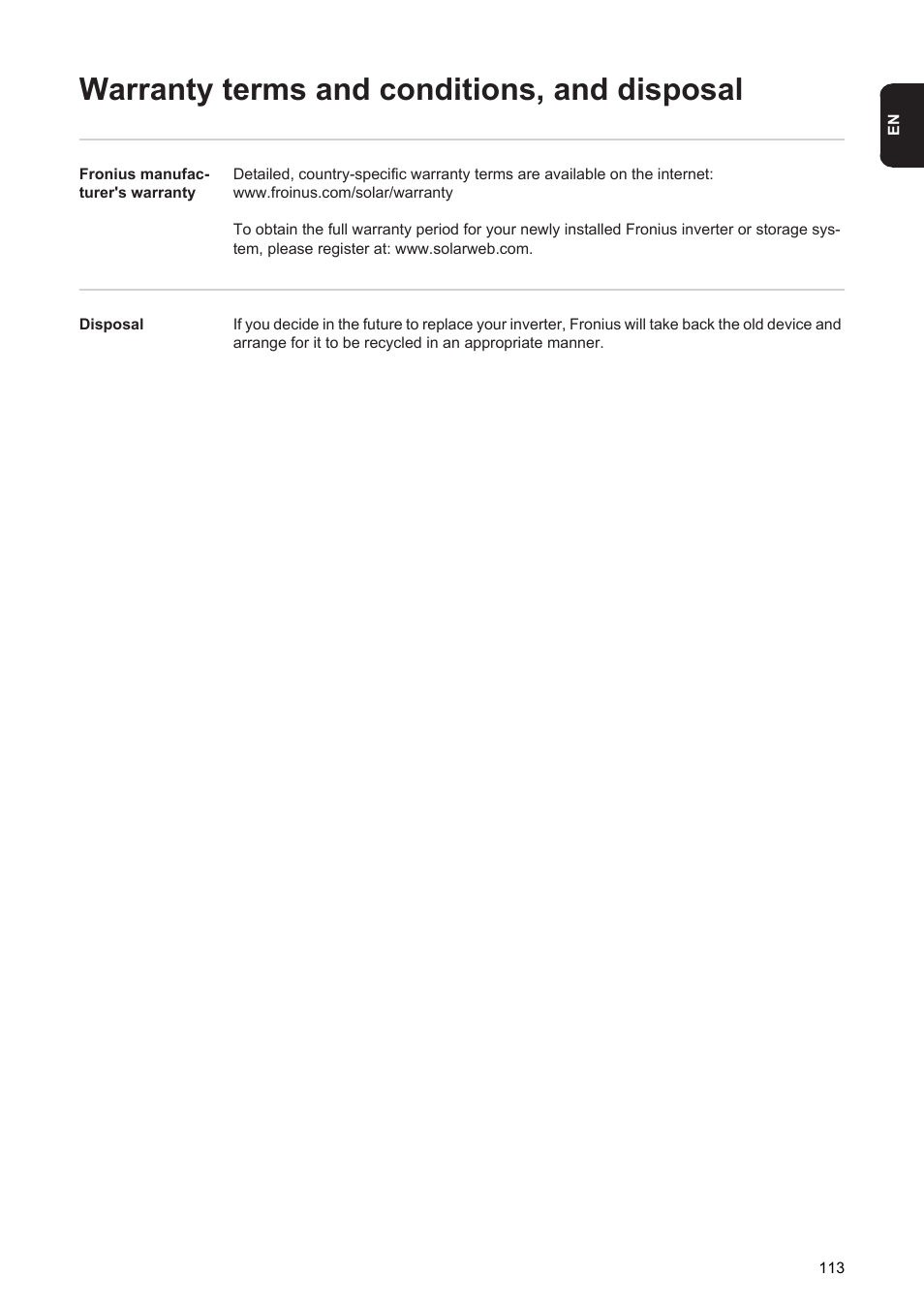 Warranty terms and conditions, and disposal | Fronius Agilo 75.0 User Manual | Page 115 / 118