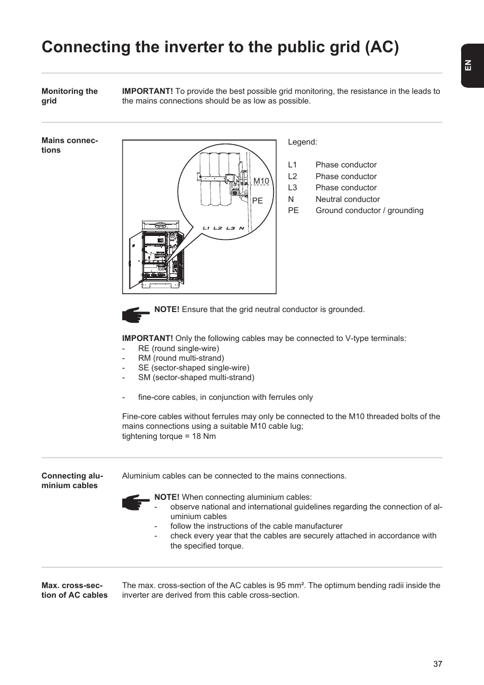 Connecting the inverter to the public grid (ac) | Fronius Agilo 75.0 User Manual | Page 39 / 118