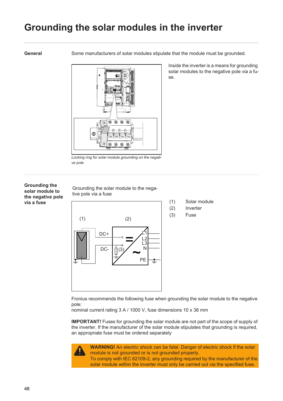 Grounding the solar modules in the inverter | Fronius Agilo 75.0 User Manual | Page 50 / 118