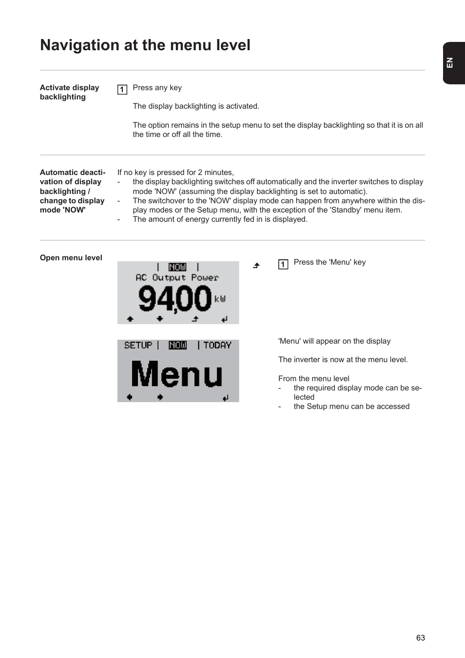 Navigation at the menu level | Fronius Agilo 75.0 User Manual | Page 65 / 118