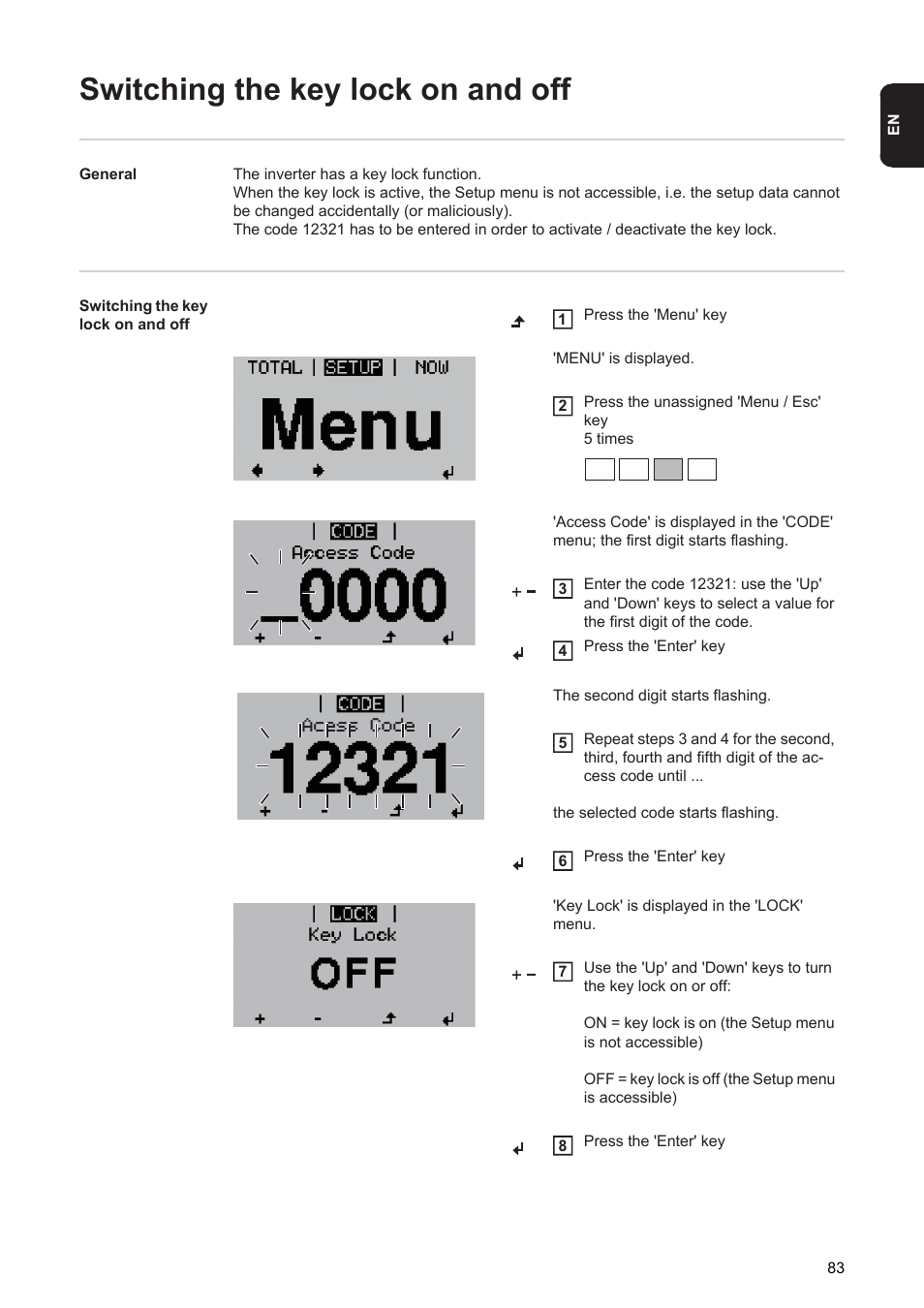 Switching the key lock on and off | Fronius Agilo 75.0 User Manual | Page 85 / 118