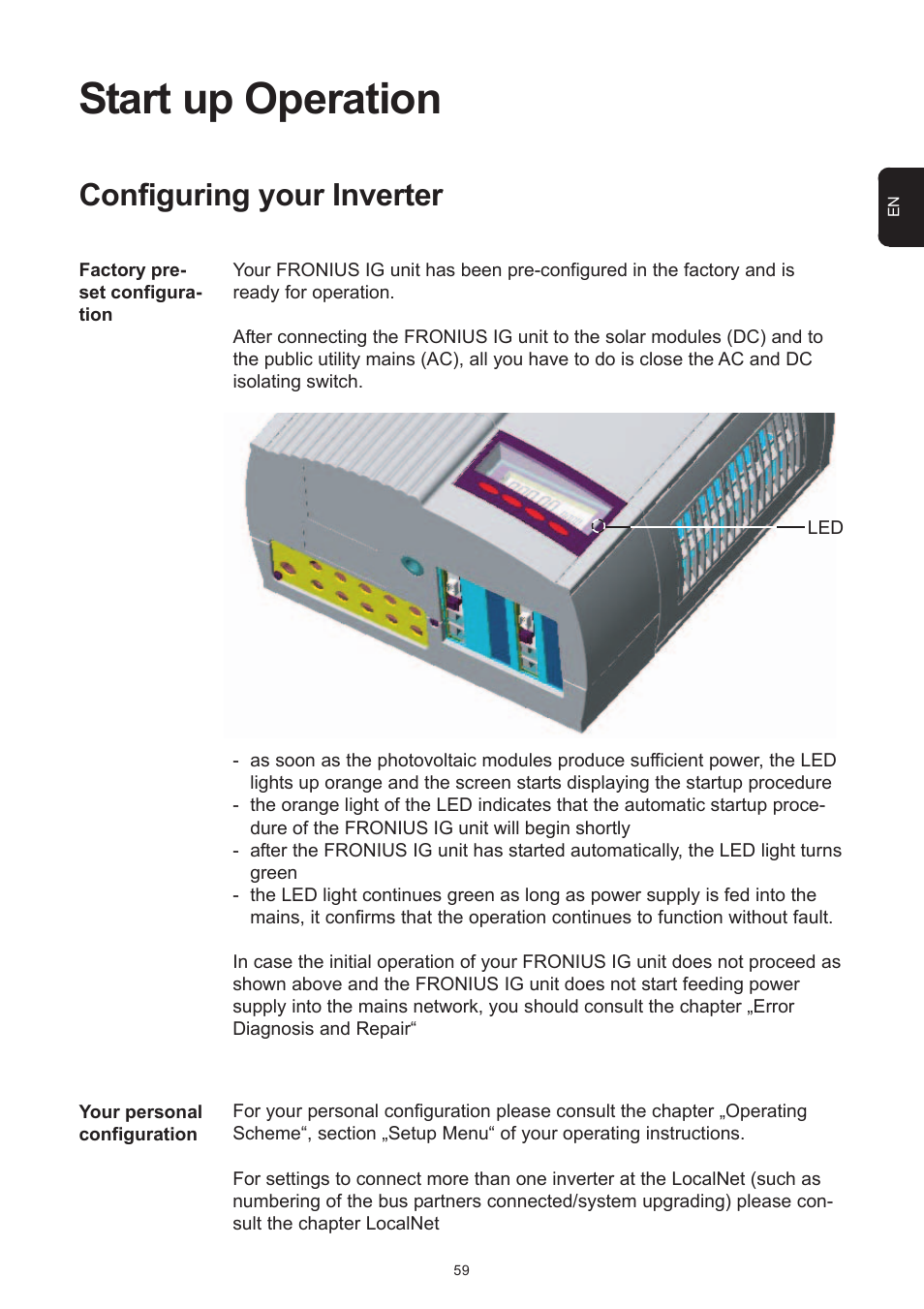 Start up operation, Configuring your inverter | Fronius IG 15 User Manual | Page 67 / 92