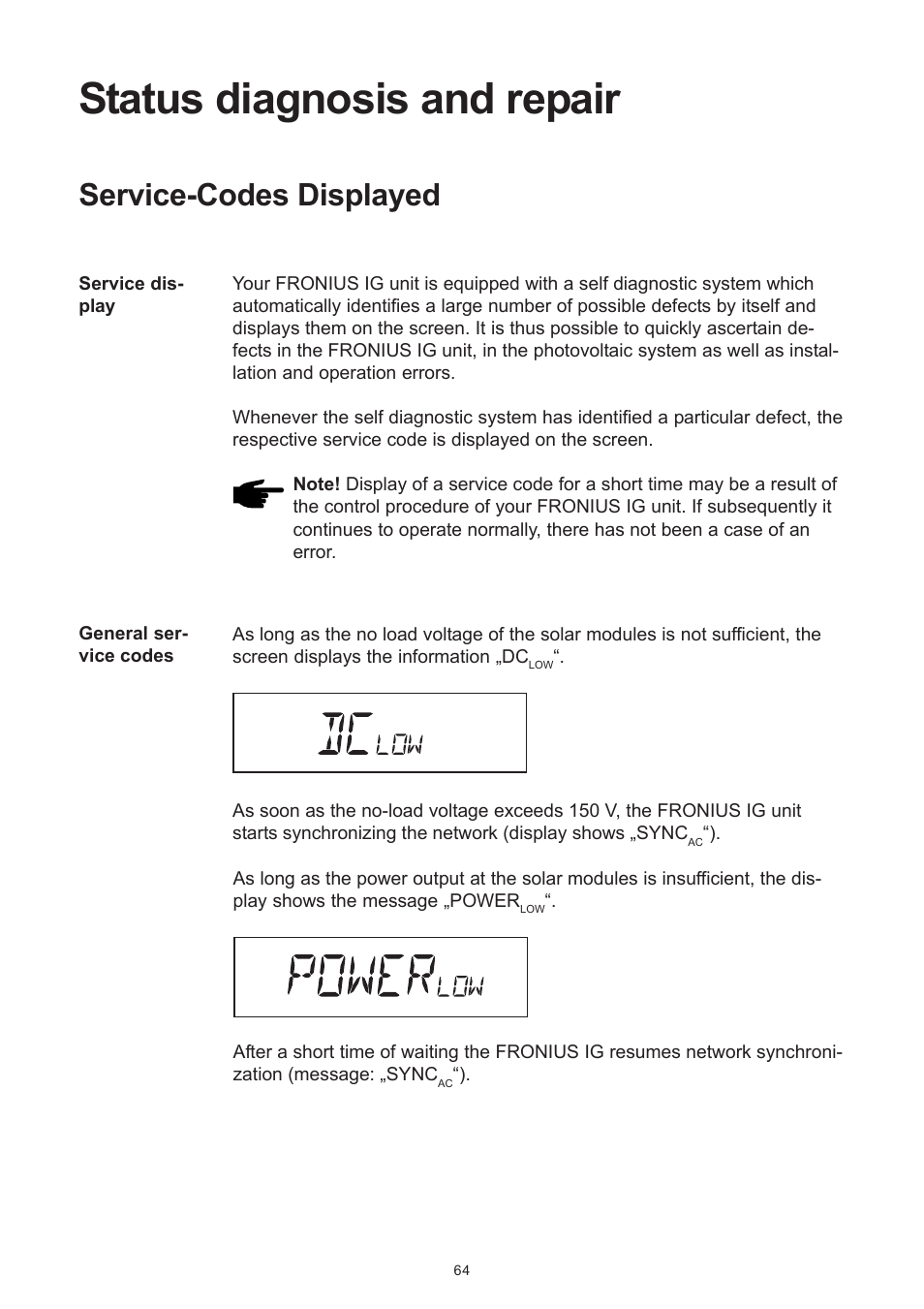 Status diagnosis and repair, Service-codes displayed | Fronius IG 15 User Manual | Page 72 / 92