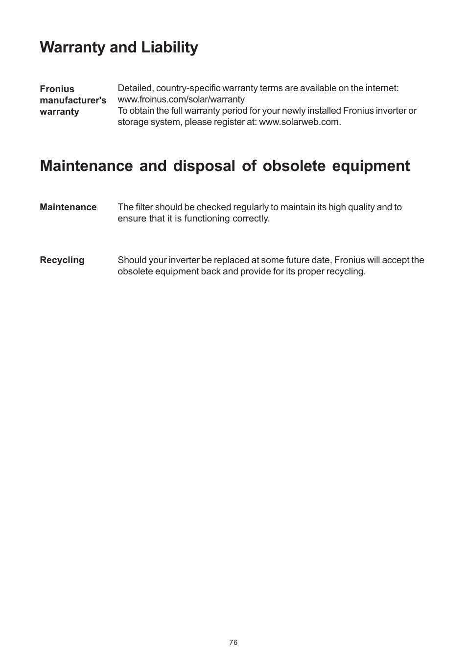 Warranty and liability, Maintenance and disposal of obsolete equipment | Fronius IG 15 User Manual | Page 84 / 92