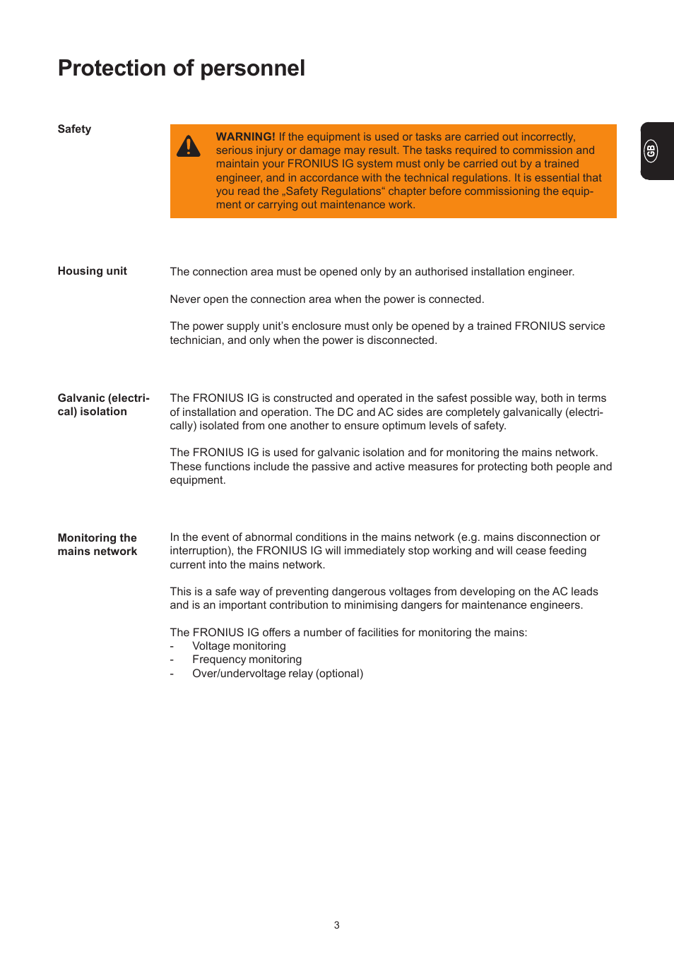 Protection of personnel | Fronius IG 300 User Manual | Page 11 / 80