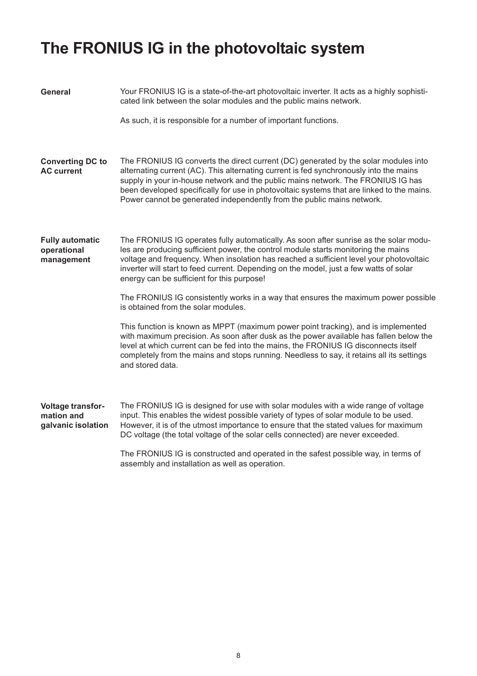 The fronius ig in the photovoltaic system | Fronius IG 300 User Manual | Page 16 / 80