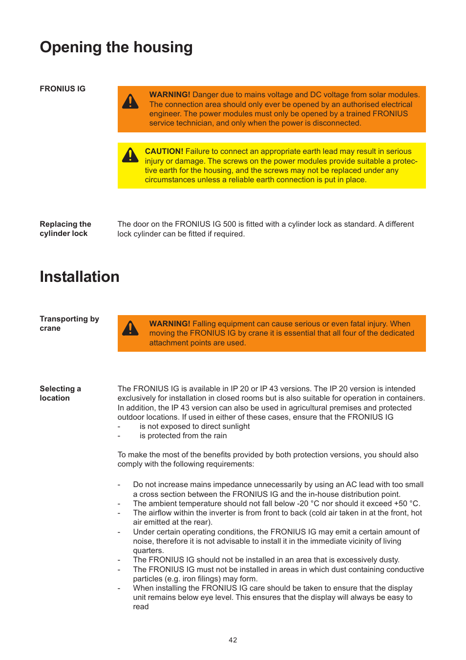 Opening the housing, Installation | Fronius IG 300 User Manual | Page 50 / 80