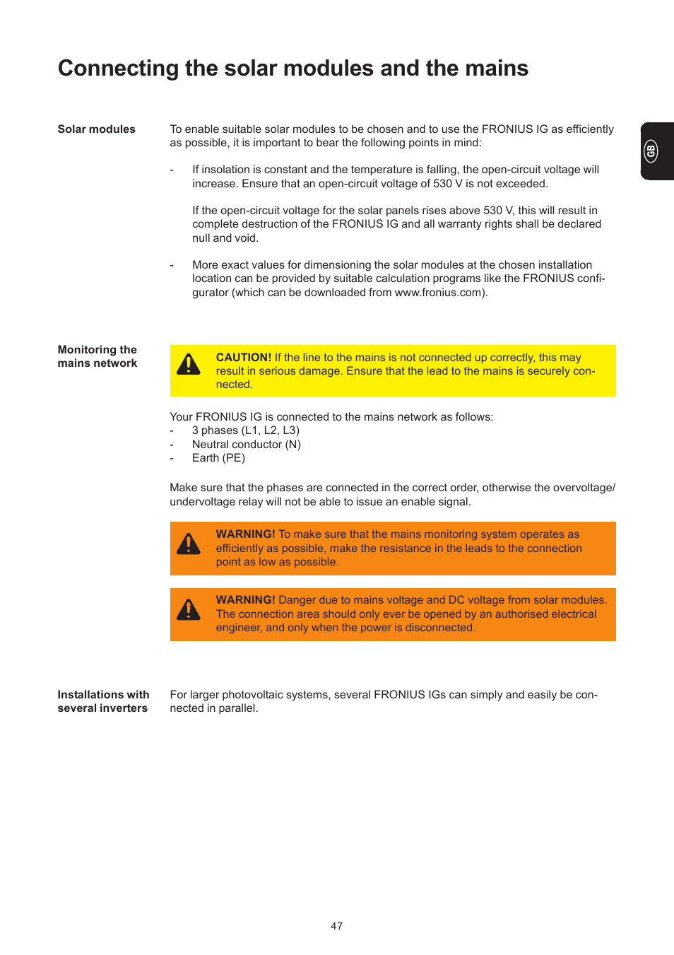 Connecting the solar modules and the mains | Fronius IG 300 User Manual | Page 55 / 80