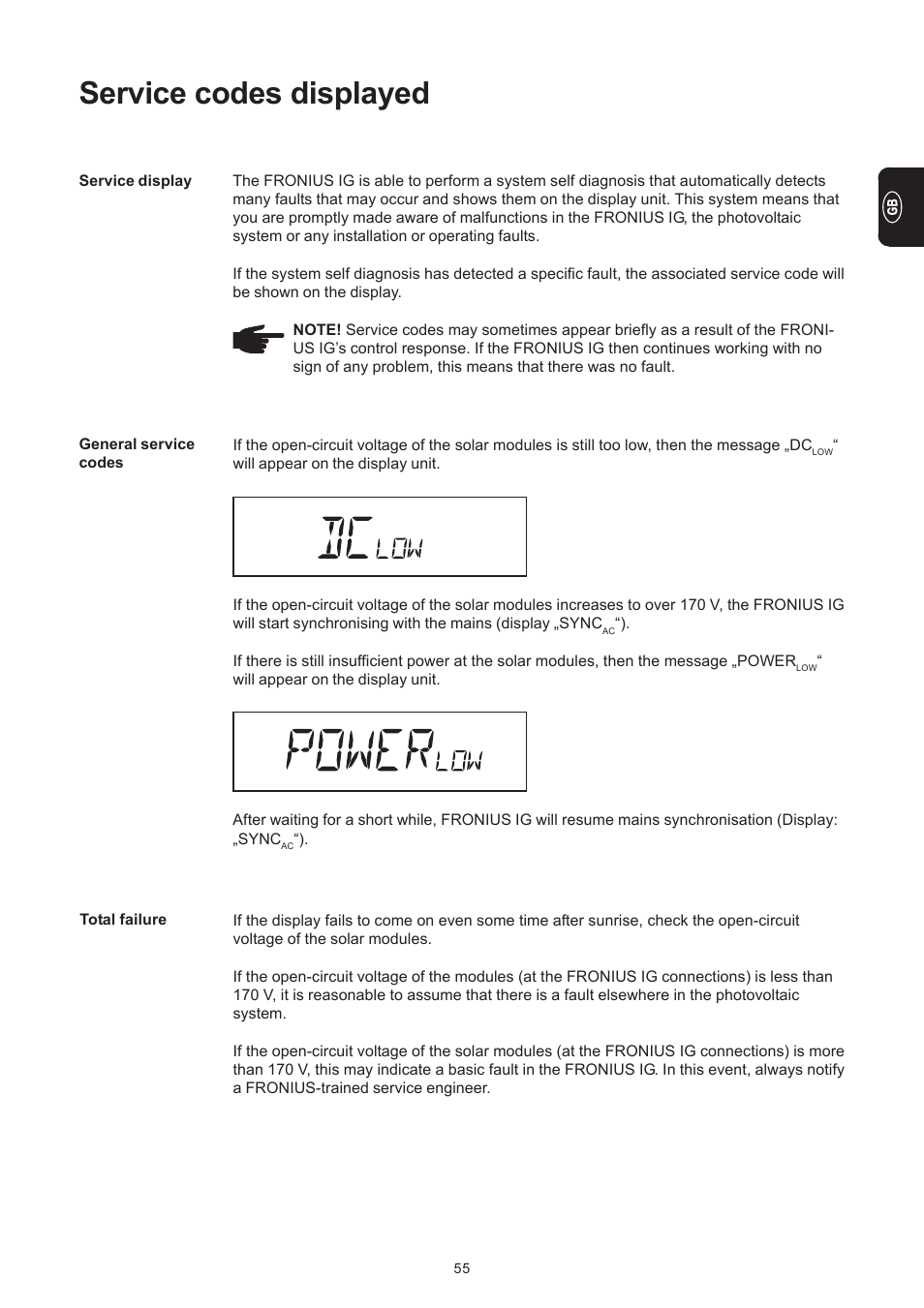 Service codes displayed | Fronius IG 300 User Manual | Page 63 / 80