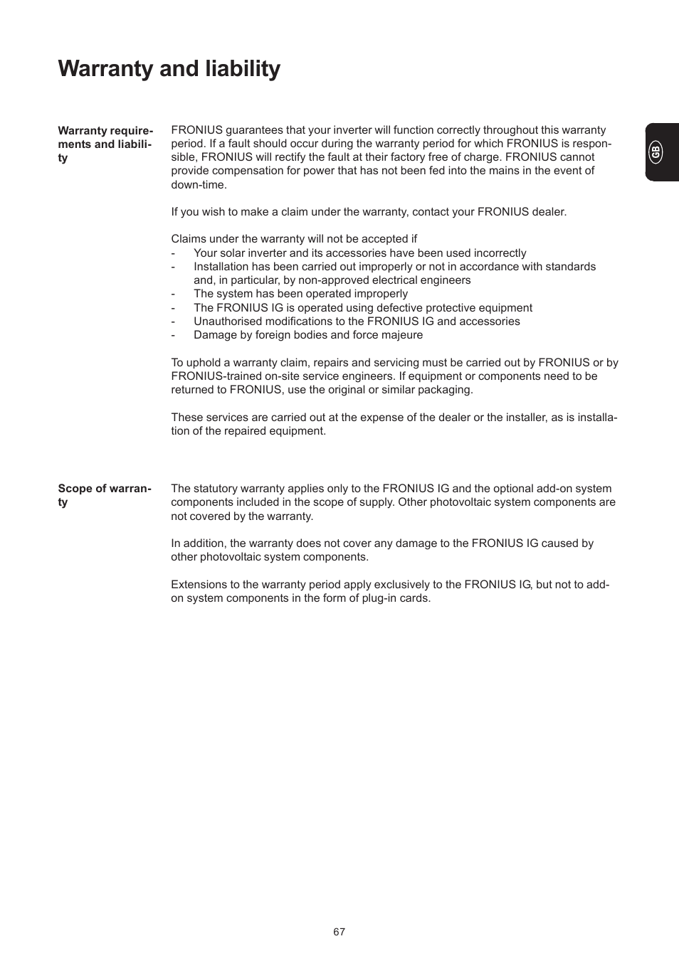 Warranty and liability | Fronius IG 300 User Manual | Page 75 / 80