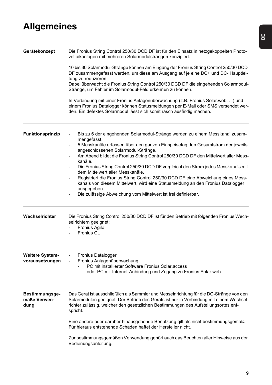 Allgemeines | Fronius String Control 250/30 DCD DF User Manual | Page 11 / 132