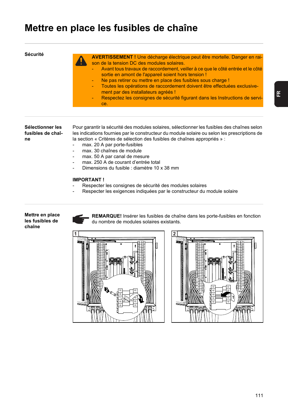 Mettre en place les fusibles de chaîne | Fronius String Control 250/30 DCD DF User Manual | Page 113 / 132