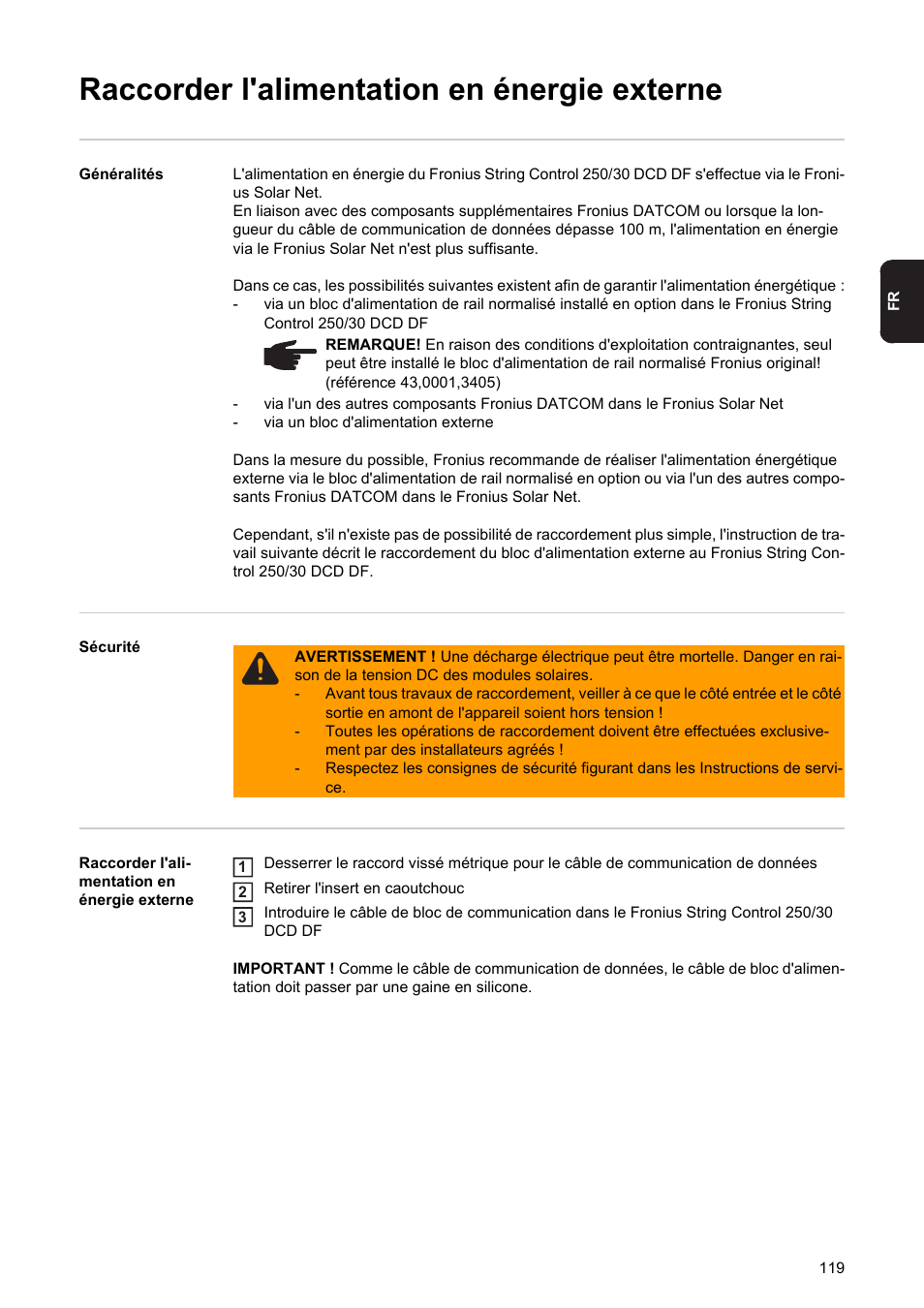 Raccorder l'alimentation en énergie externe | Fronius String Control 250/30 DCD DF User Manual | Page 121 / 132