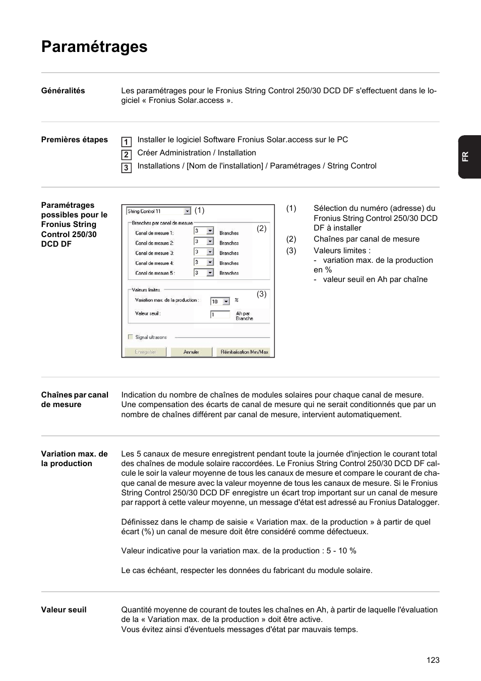 Paramétrages | Fronius String Control 250/30 DCD DF User Manual | Page 125 / 132