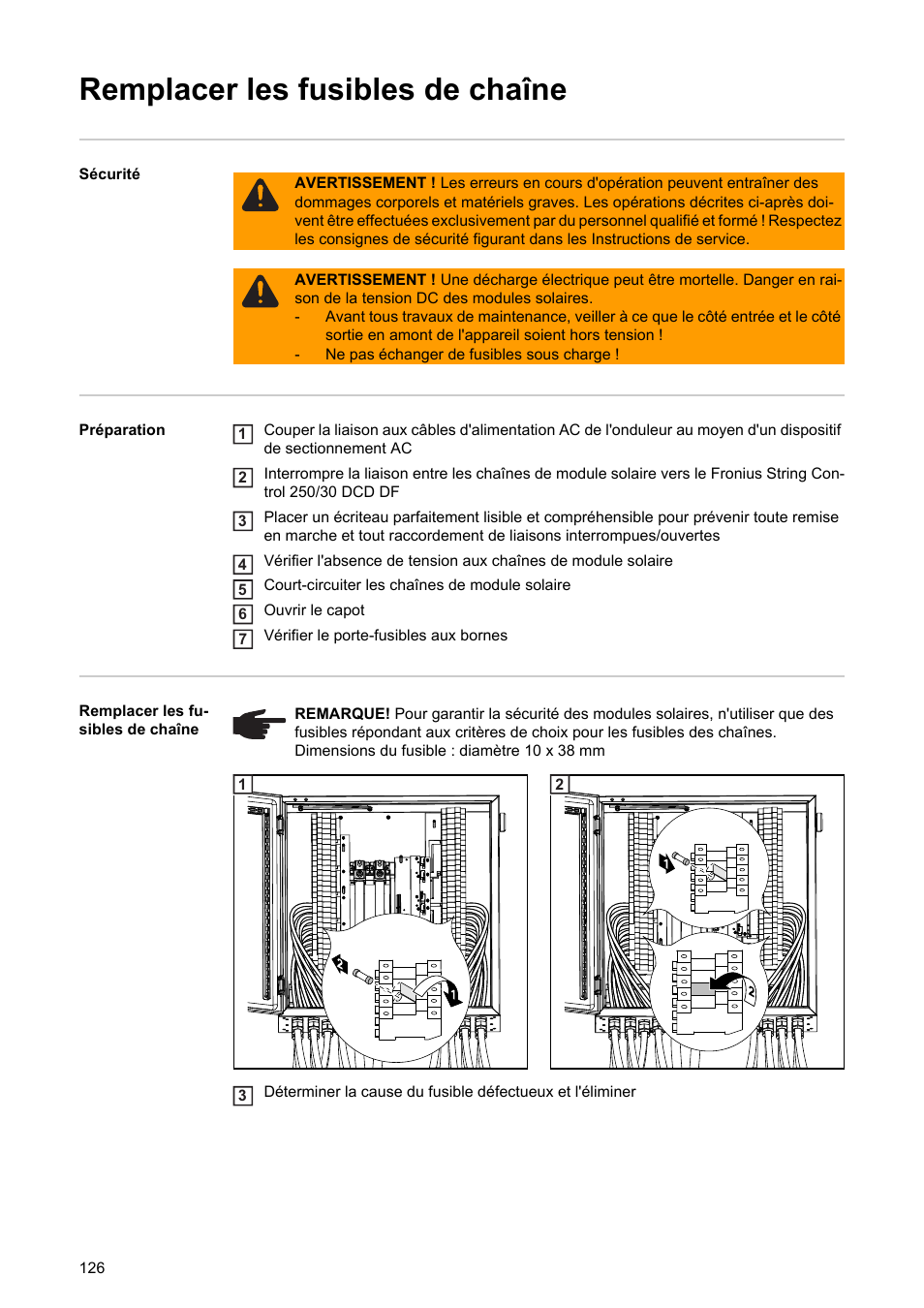 Remplacer les fusibles de chaîne | Fronius String Control 250/30 DCD DF User Manual | Page 128 / 132