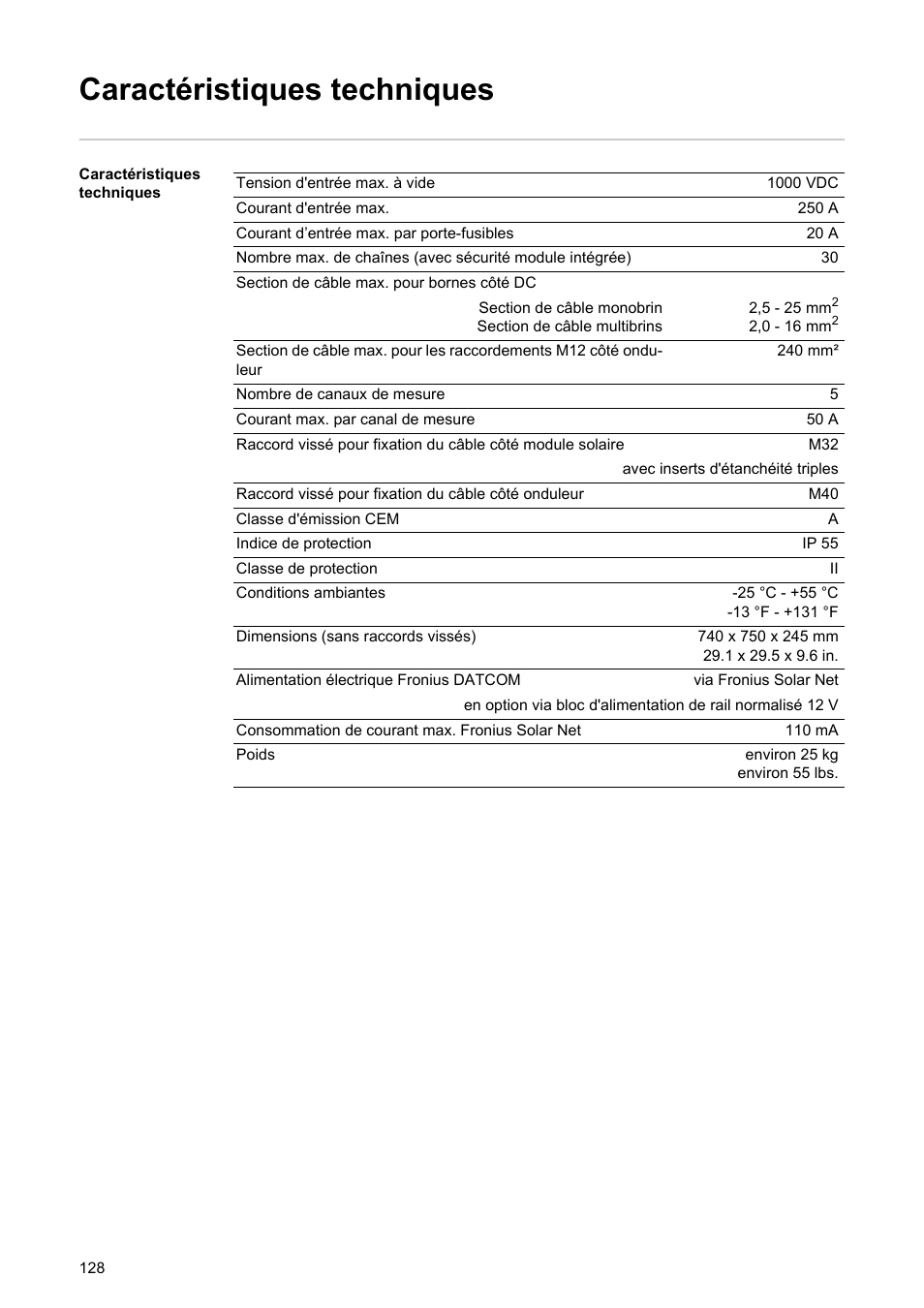 Caractéristiques techniques | Fronius String Control 250/30 DCD DF User Manual | Page 130 / 132