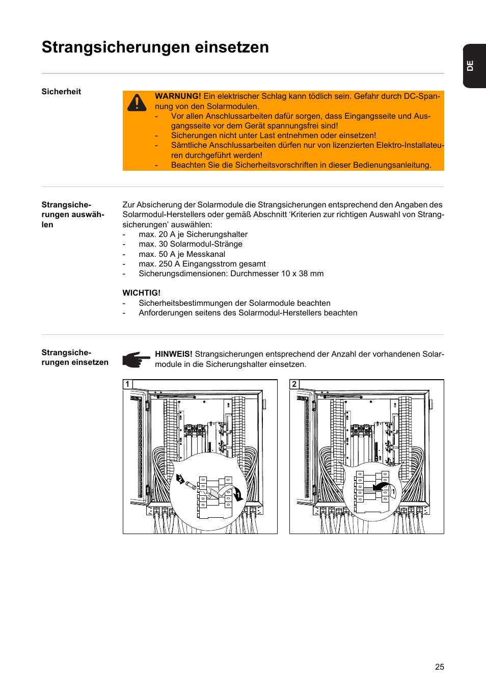 Strangsicherungen einsetzen | Fronius String Control 250/30 DCD DF User Manual | Page 27 / 132