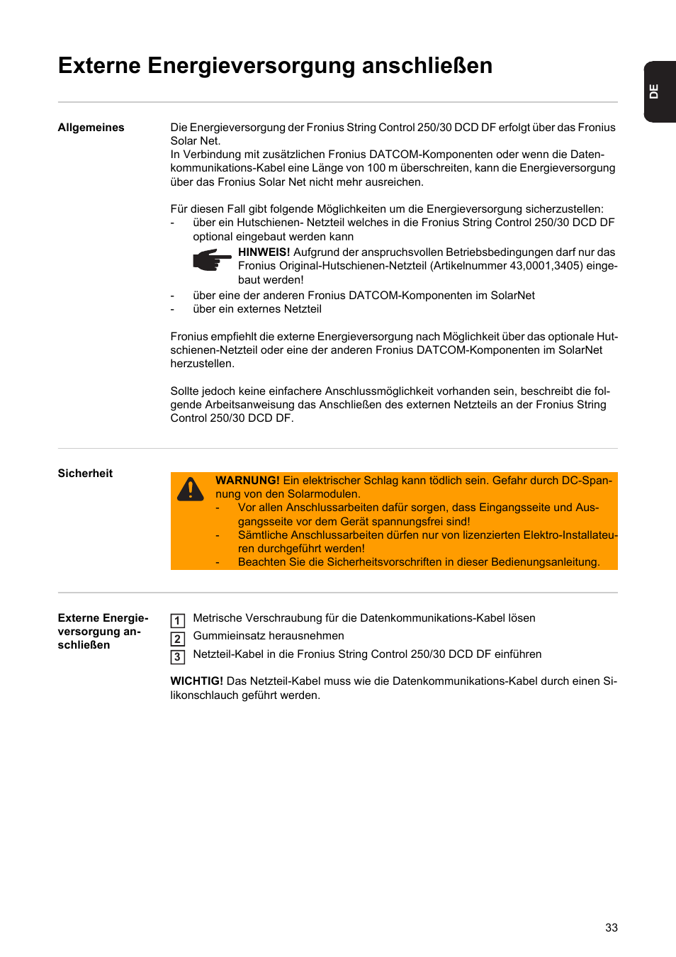 Externe energieversorgung anschließen | Fronius String Control 250/30 DCD DF User Manual | Page 35 / 132