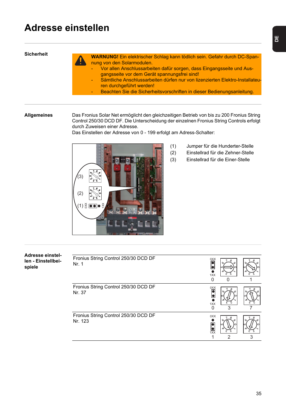 Adresse einstellen | Fronius String Control 250/30 DCD DF User Manual | Page 37 / 132