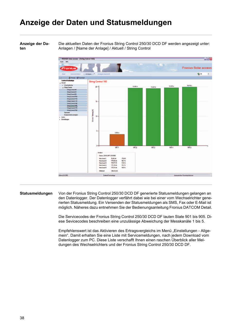 Anzeige der daten und statusmeldungen | Fronius String Control 250/30 DCD DF User Manual | Page 40 / 132