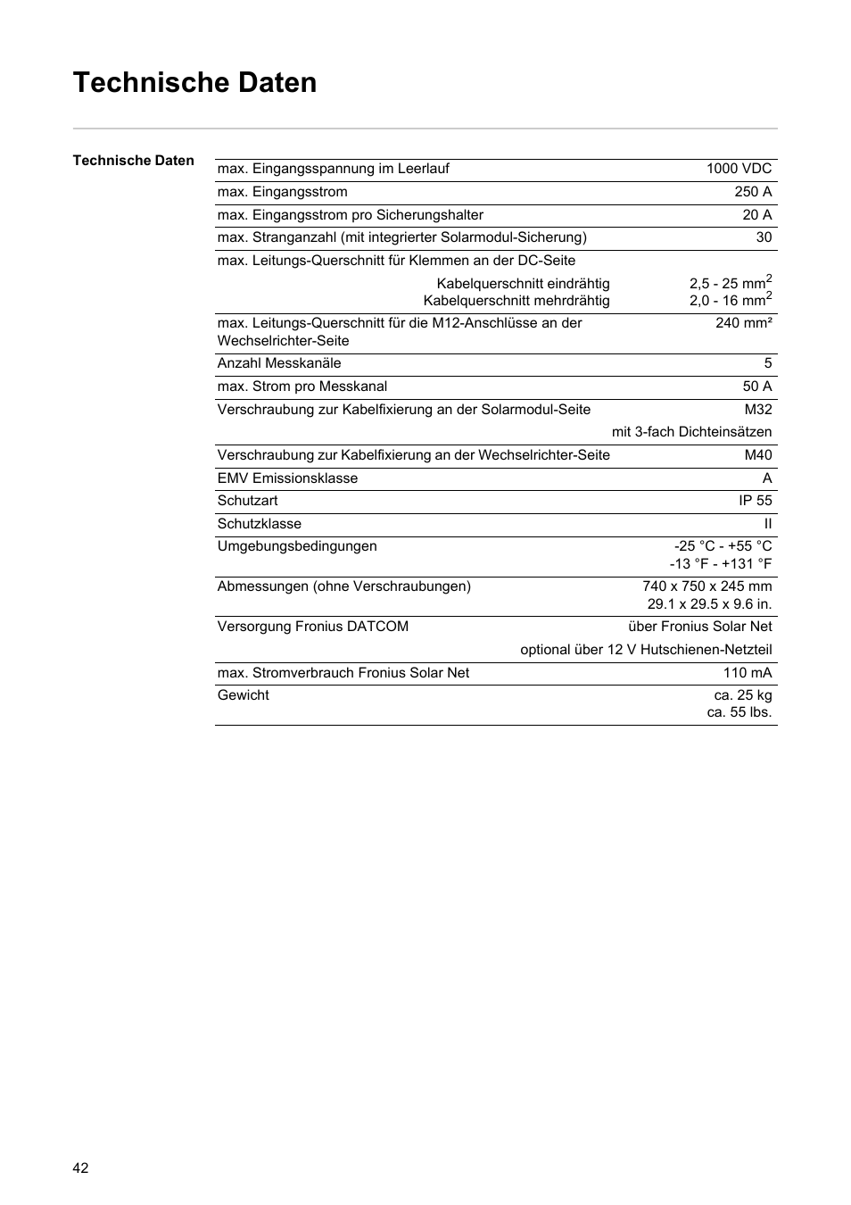 Technische daten | Fronius String Control 250/30 DCD DF User Manual | Page 44 / 132