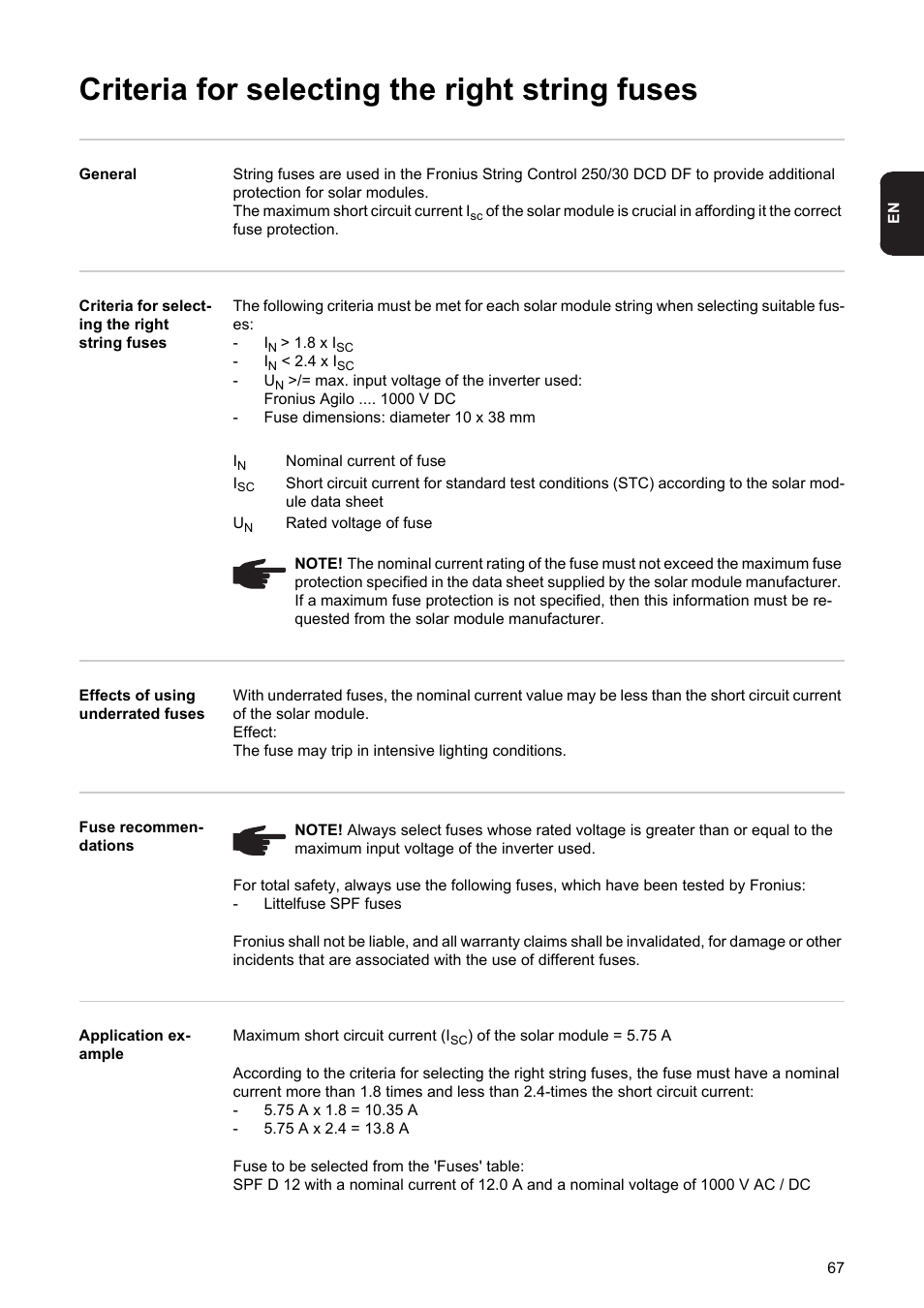 Criteria for selecting the right string fuses | Fronius String Control 250/30 DCD DF User Manual | Page 69 / 132