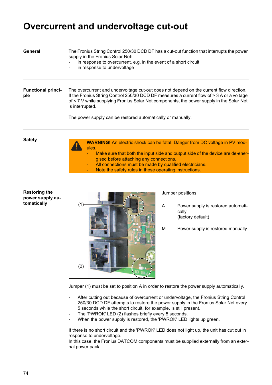 Overcurrent and undervoltage cut-out | Fronius String Control 250/30 DCD DF User Manual | Page 76 / 132