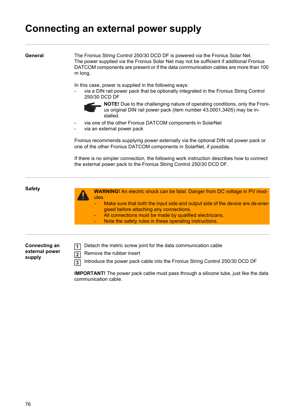 Connecting an external power supply | Fronius String Control 250/30 DCD DF User Manual | Page 78 / 132