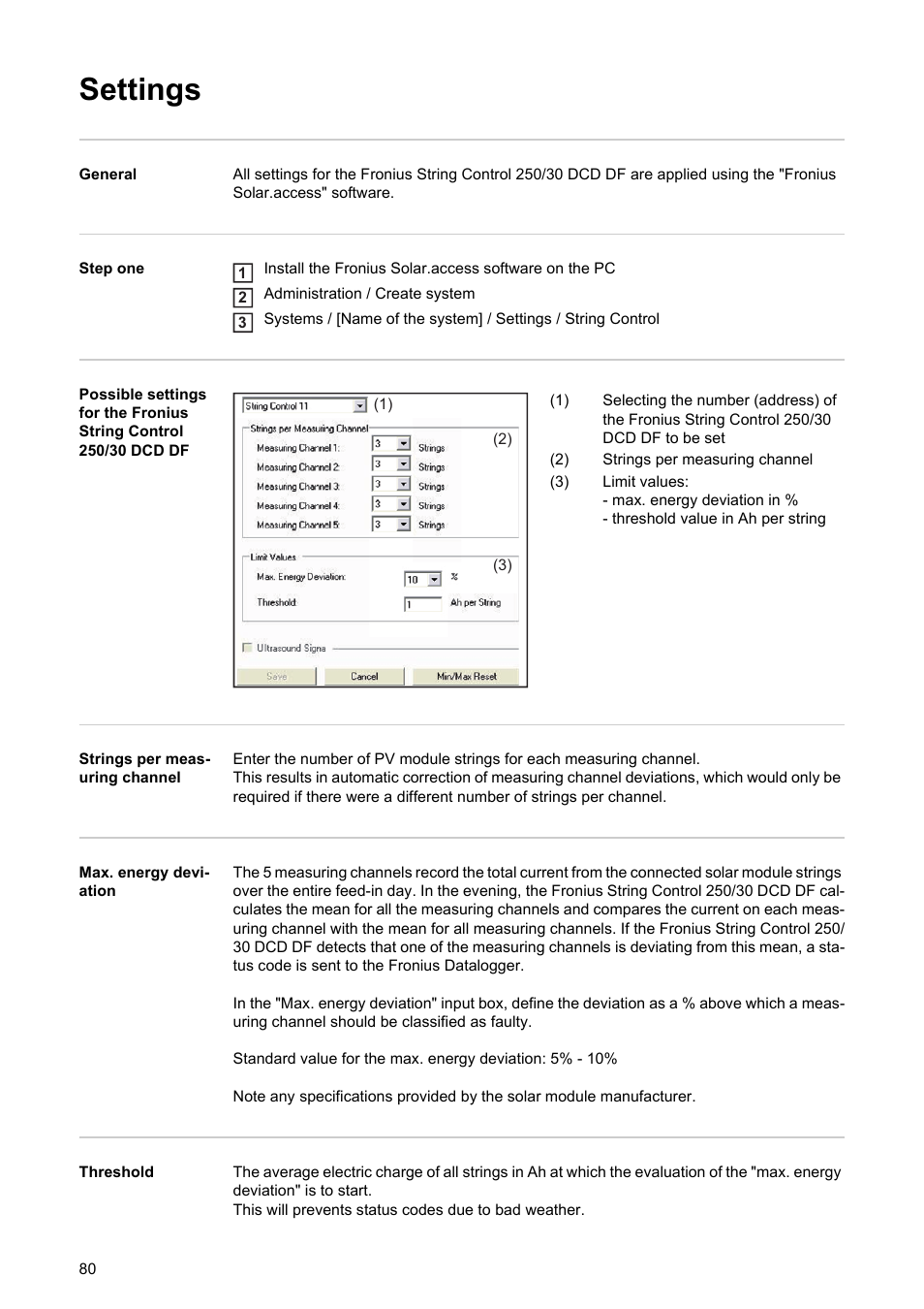 Settings | Fronius String Control 250/30 DCD DF User Manual | Page 82 / 132