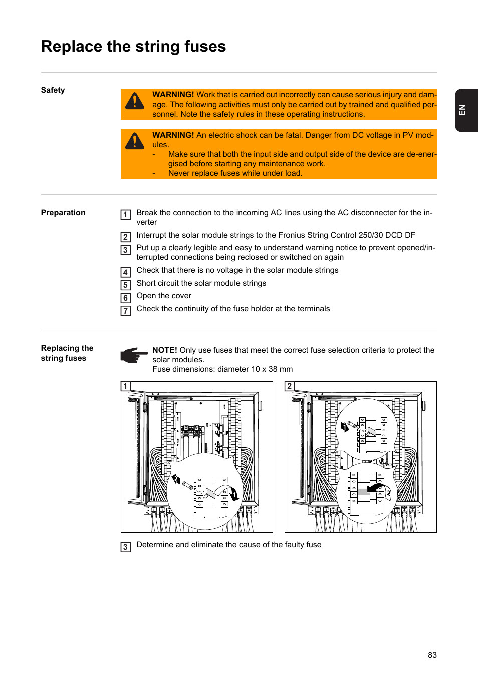 Replace the string fuses | Fronius String Control 250/30 DCD DF User Manual | Page 85 / 132