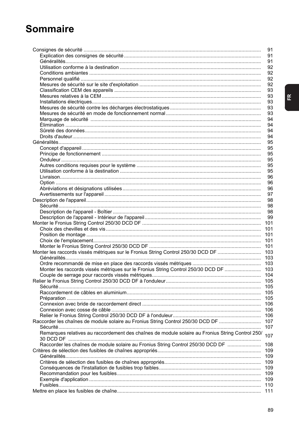 Sommaire | Fronius String Control 250/30 DCD DF User Manual | Page 91 / 132