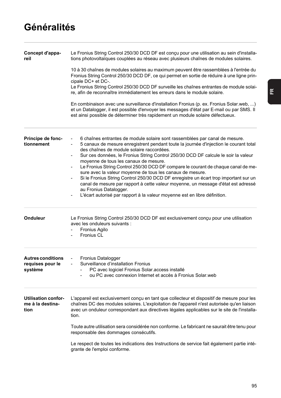 Généralités | Fronius String Control 250/30 DCD DF User Manual | Page 97 / 132