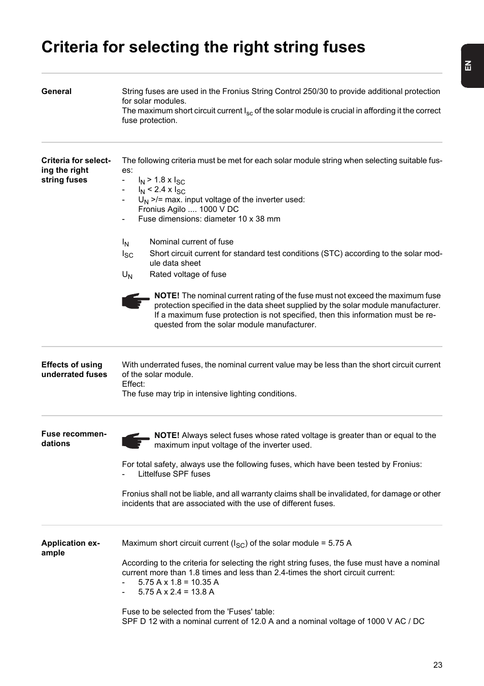 Criteria for selecting the right string fuses | Fronius String Control 250/30 User Manual | Page 25 / 46