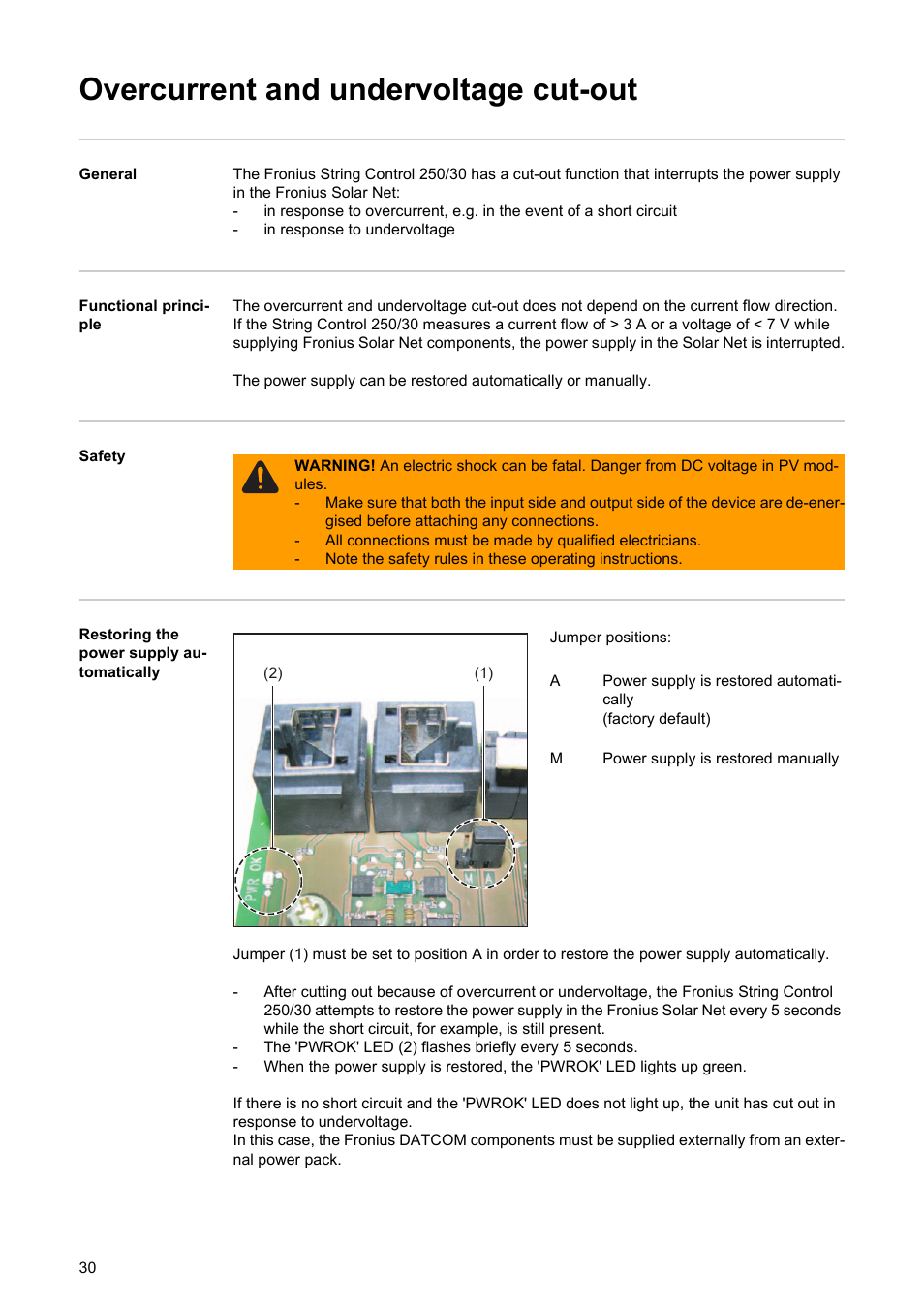 Overcurrent and undervoltage cut-out | Fronius String Control 250/30 User Manual | Page 32 / 46