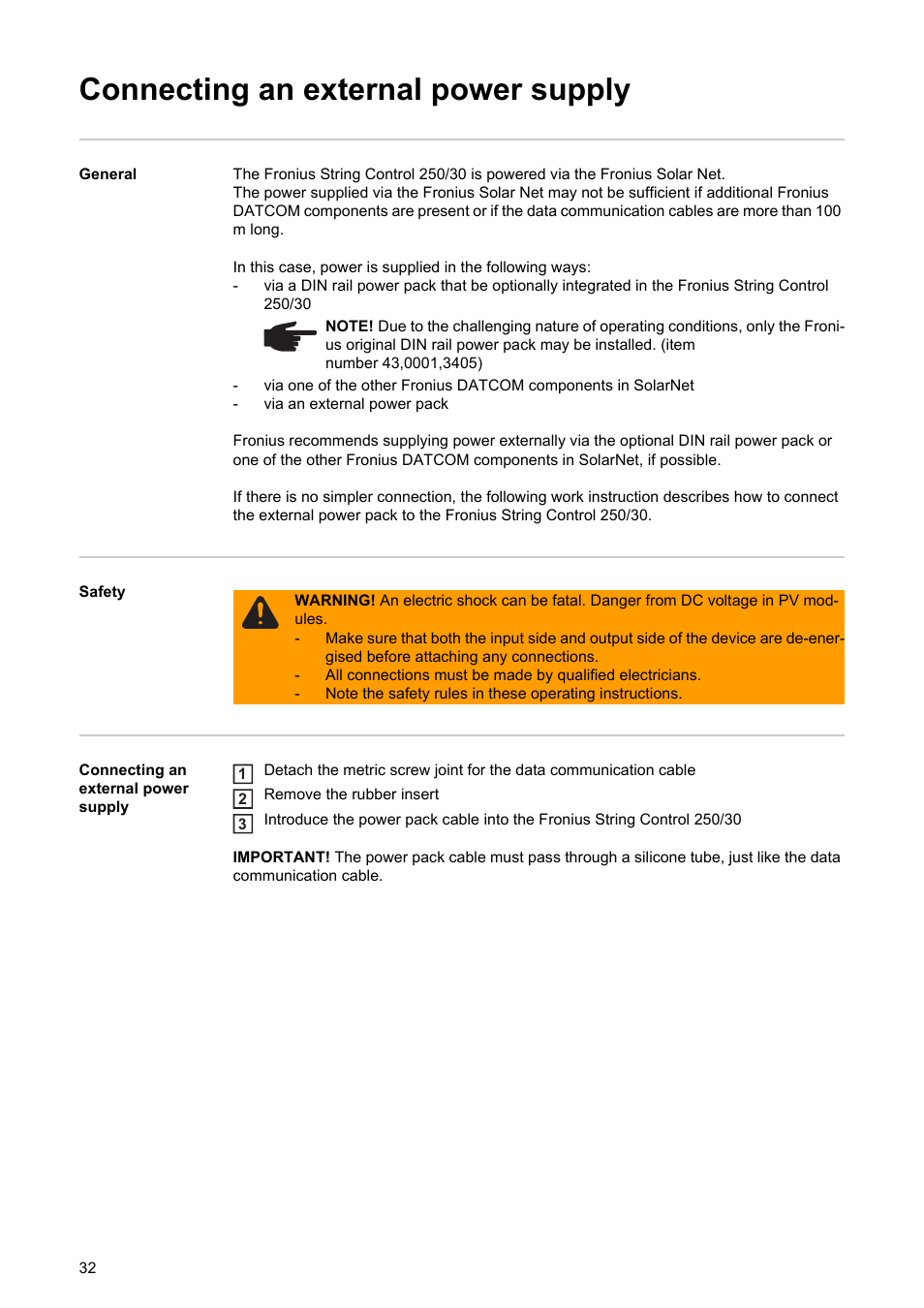 Connecting an external power supply | Fronius String Control 250/30 User Manual | Page 34 / 46